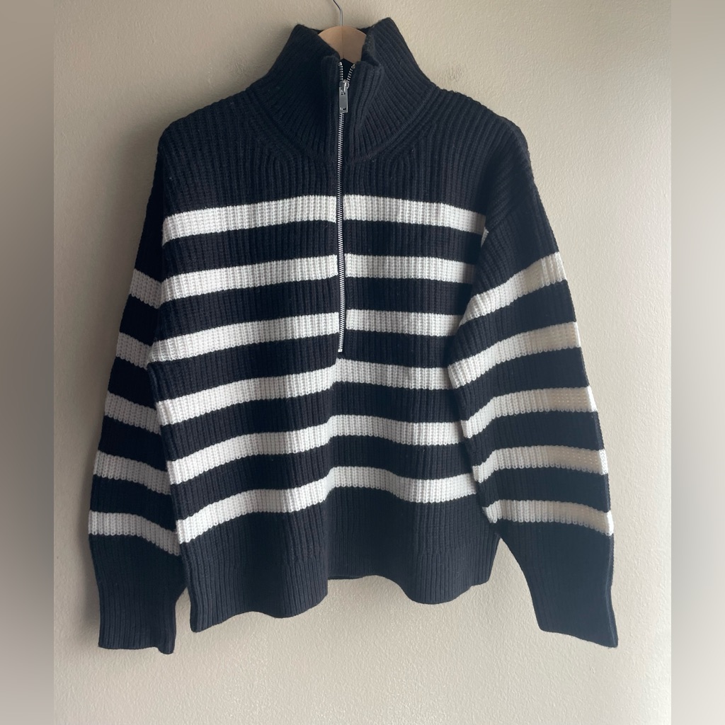 New Everlane Women Half Zip Wool High Neck Sweater Black White Size Medium